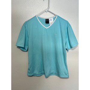 Nike Top Aqua Blue with White Trim V Neck Swoosh Logo Womans Size L